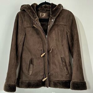 Justice Girls XL Chocolate Brown Faux Suede Hooded Jacket Faux Fur Trim Zip
